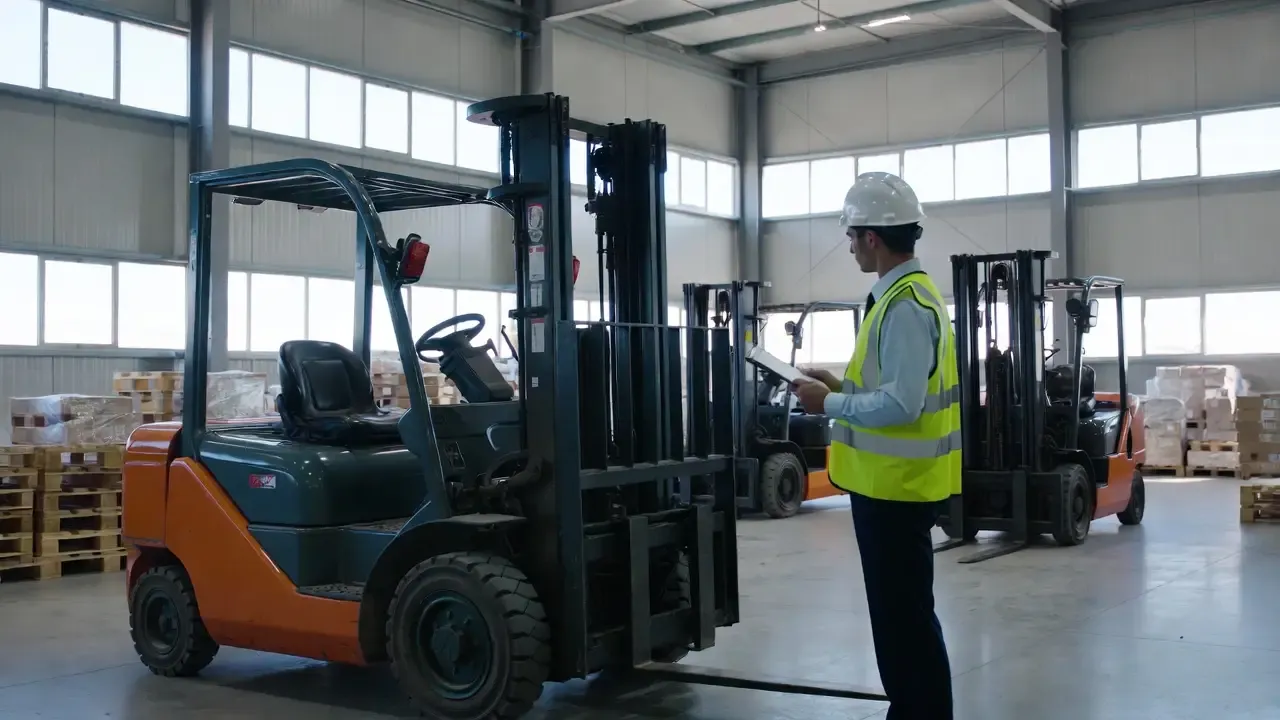Keurmeester inspecteert een heftruck in een bedrijfshal