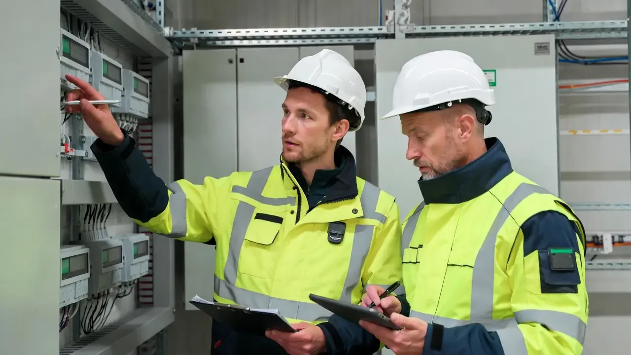 Twee keurmeesters van Keuringservice Noord inspecteren een verdeelkast
