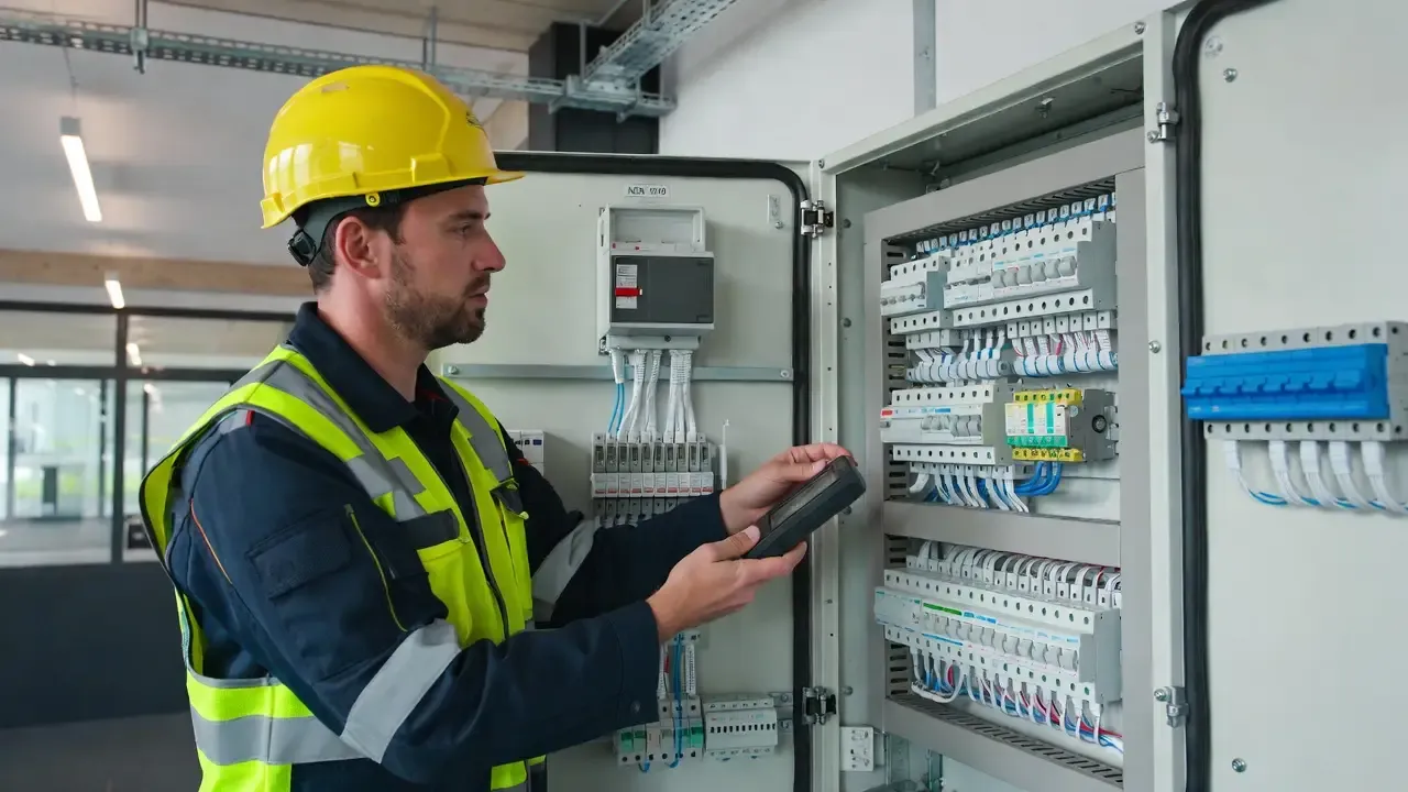 Keurmeester voert een NEN 1010-opleverkeuring uit bij een nieuwe installatie