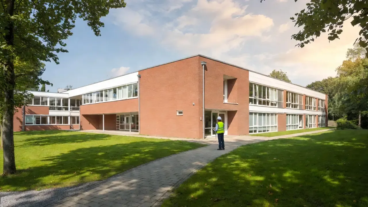 Schoolgebouw waar een keuring wordt uitgevoerd