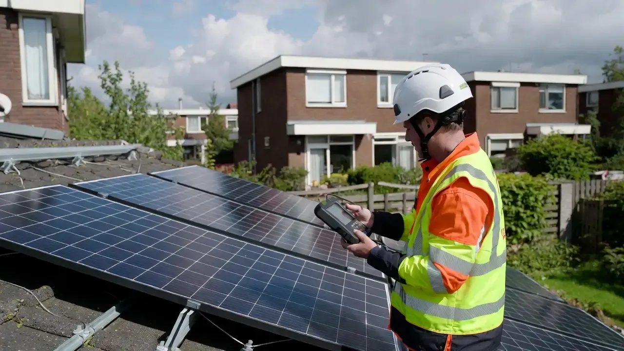 Keurmeester inspecteert zonnepanelen op een woning