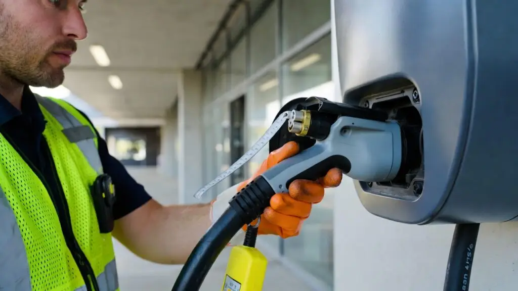 Inspecteur keurt laadpaal met connector volgens NEN 1010 en NEN 3140 normen