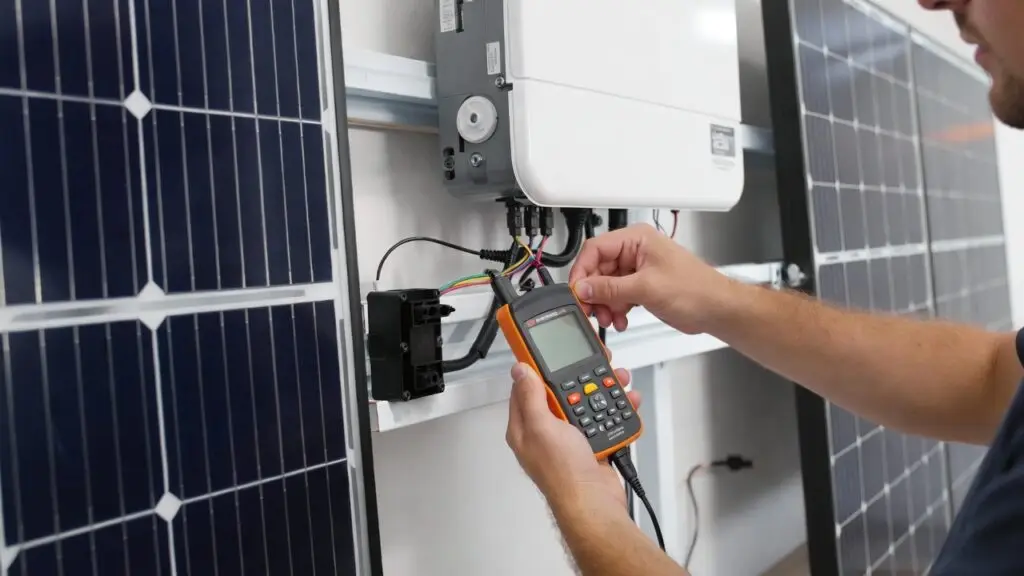 Keurmeester controleert aarding en aansluitpunten van zonnepanelen op brandveiligheid