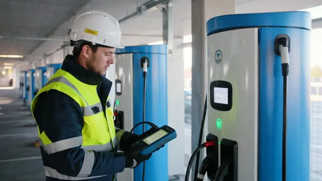 Inspecteur keurt laadpalen met meetapparatuur volgens NEN 1010 en NEN 3140 normen