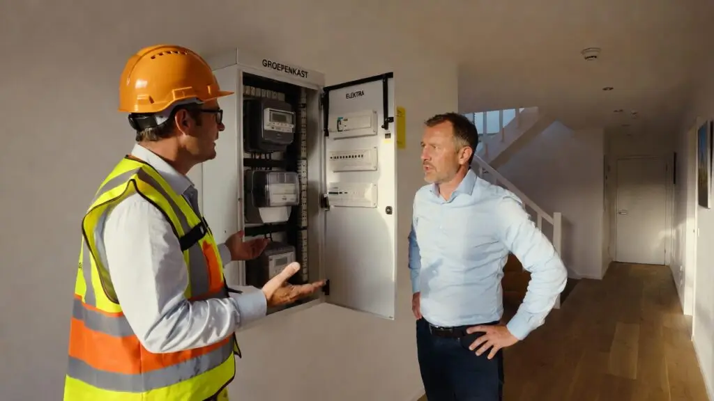Keuringsspecialist bespreekt meterkast keuring met woningeigenaar bij geopende groepenkast