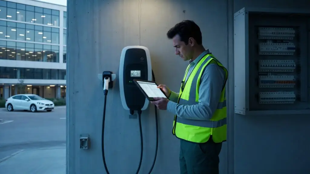 Inspecteur in veiligheidsvest keurt laadpaal met tablet volgens NEN 1010 en NEN 3140