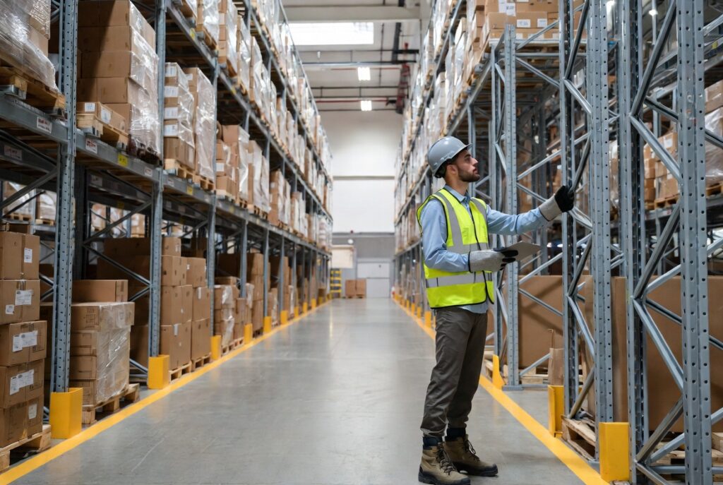 Inspectie van magazijnstelling op schade aan staanders en liggers conform NEN-EN 15635