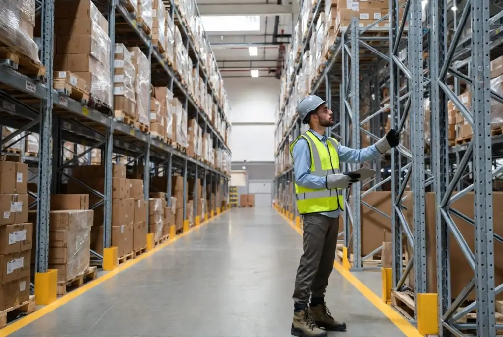 Inspectie van magazijnstelling op schade aan staanders en liggers conform NEN-EN 15635