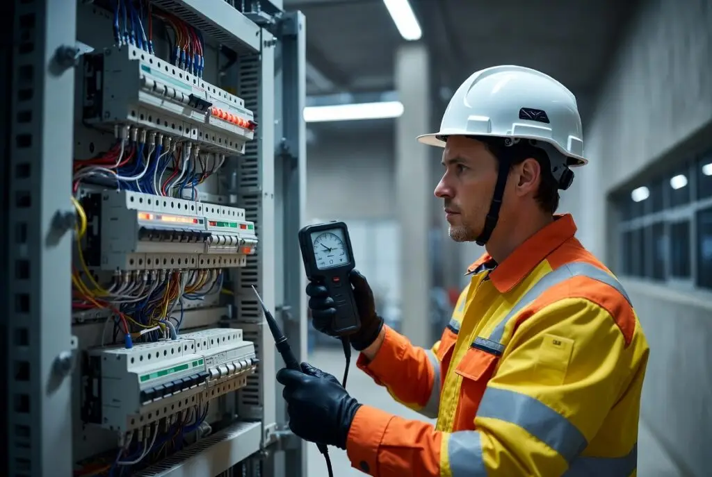 Inspecteur meet elektrische installatie in schakelkast tijdens NEN 3140 installatiekeuring