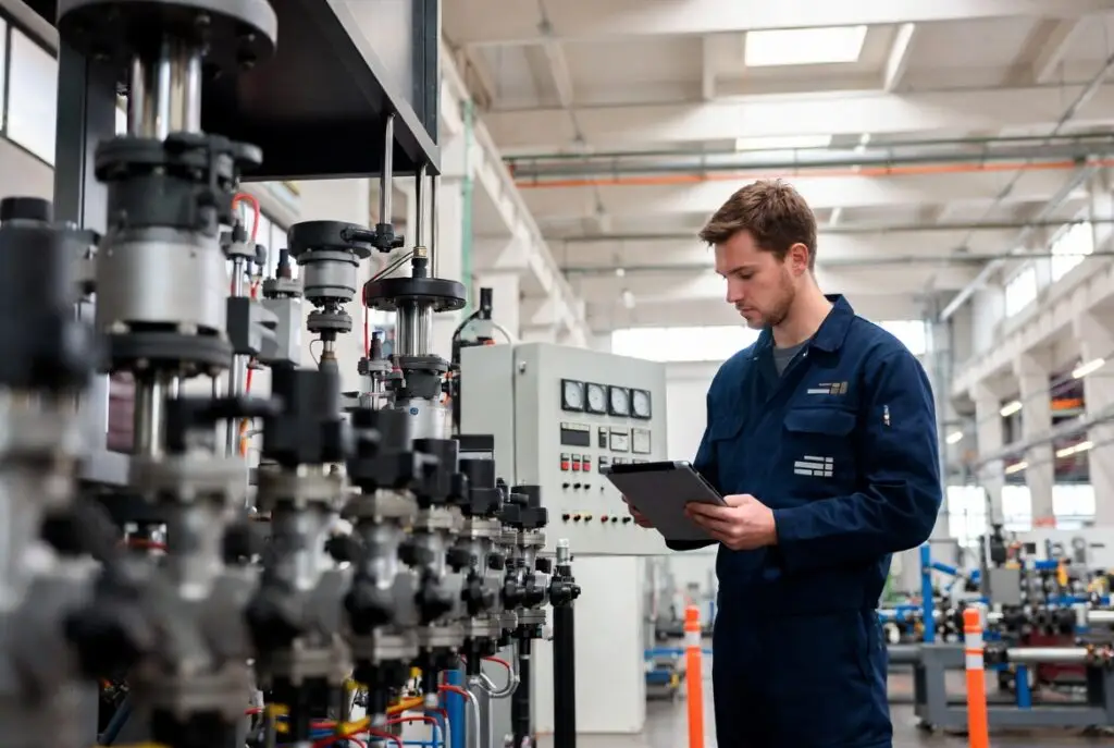 Keurmeester inspecteert machine op elektrische veiligheid en mechanische risico's