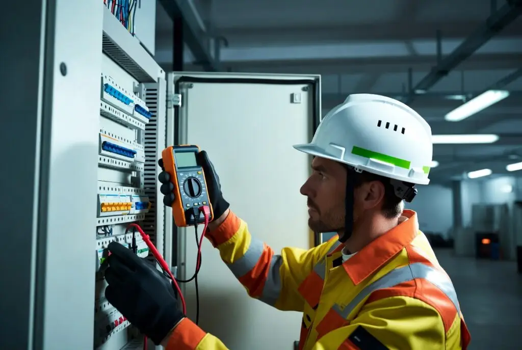 Inspecteur voert NEN 3140 installatiekeuring uit aan elektrische verdeelkast met meetapparatuur