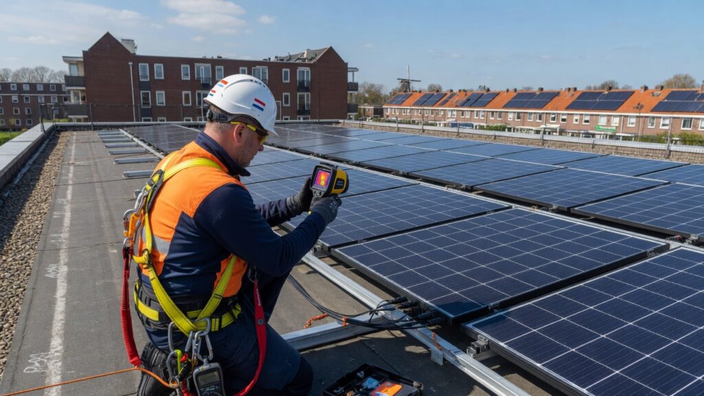 SCIOS Scope 12 keuring van zonnepaneelinstallatie op bedrijfsdak door gecertificeerd inspecteur